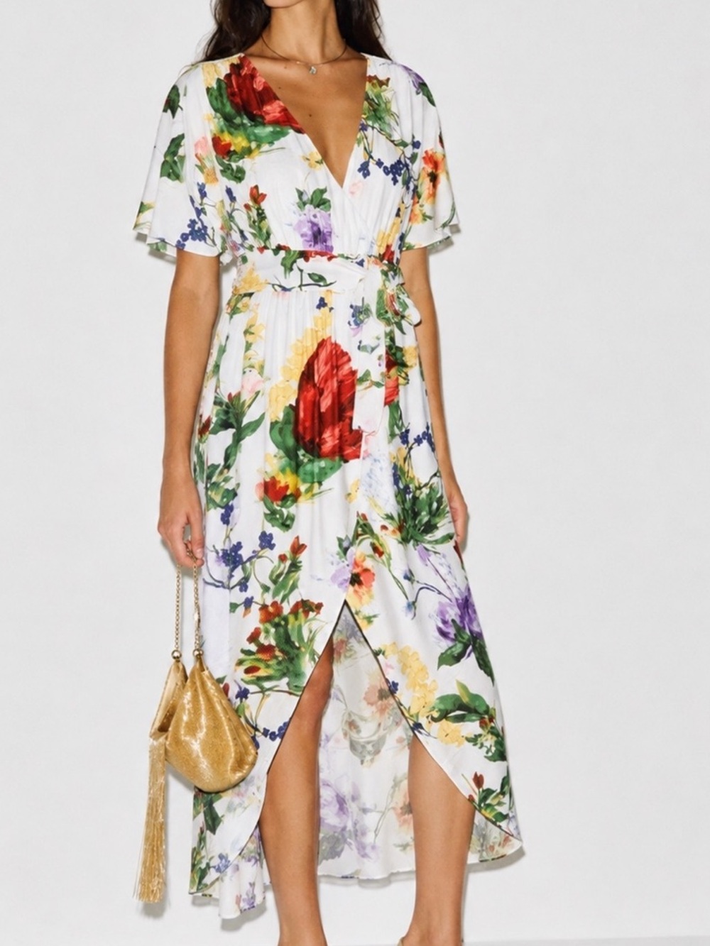 Alice + Olivia White Floral High-Low Wrap Dress with Multicolor Blooms no belt